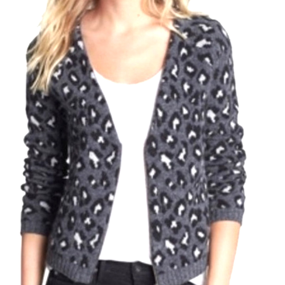 New Ella Moss Angora Wool Sweater Jacket S Leopard Print Gray Black Cozy Cabin